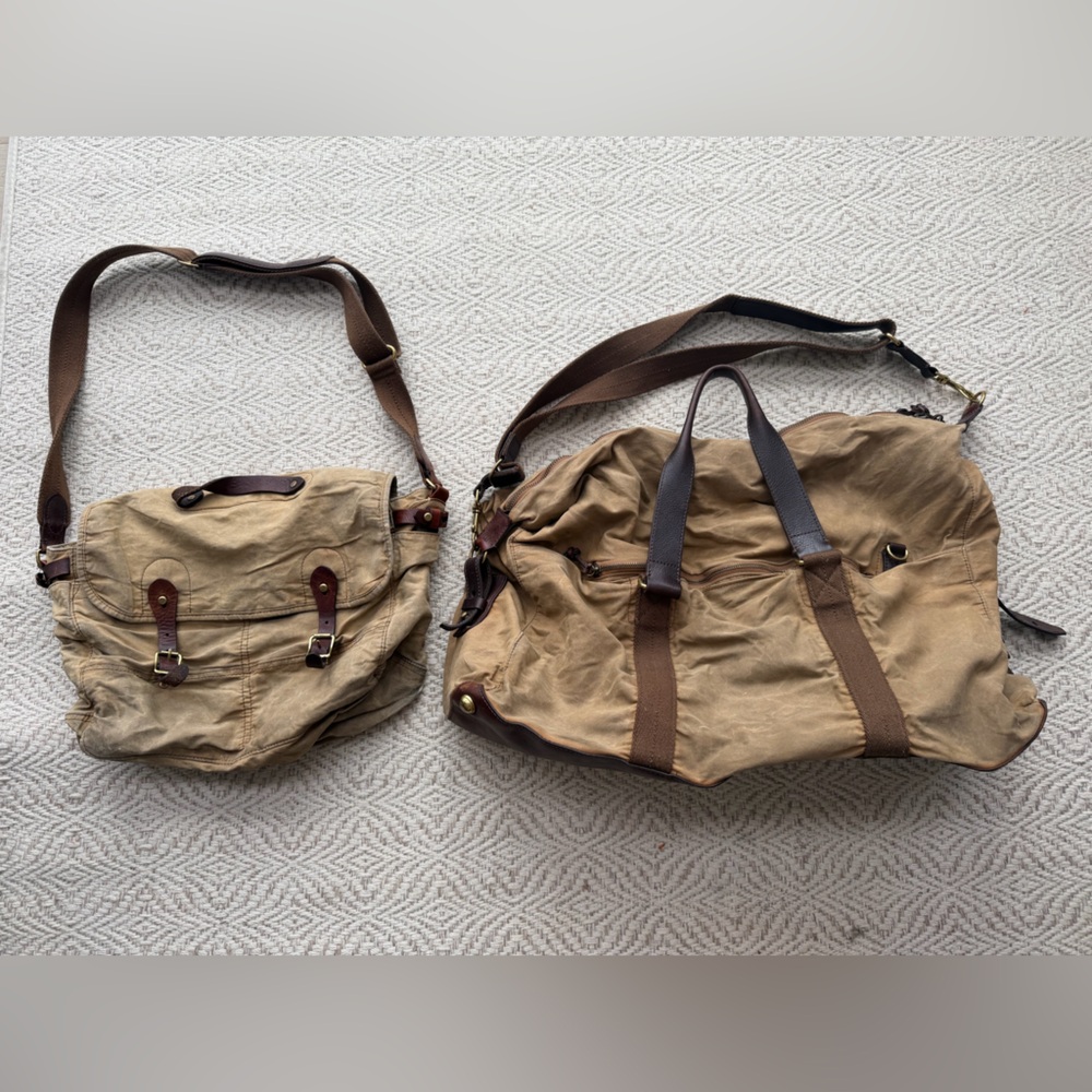 J.Crew Abingdon brown canvas  weekender duffel bag & matching messenger leather